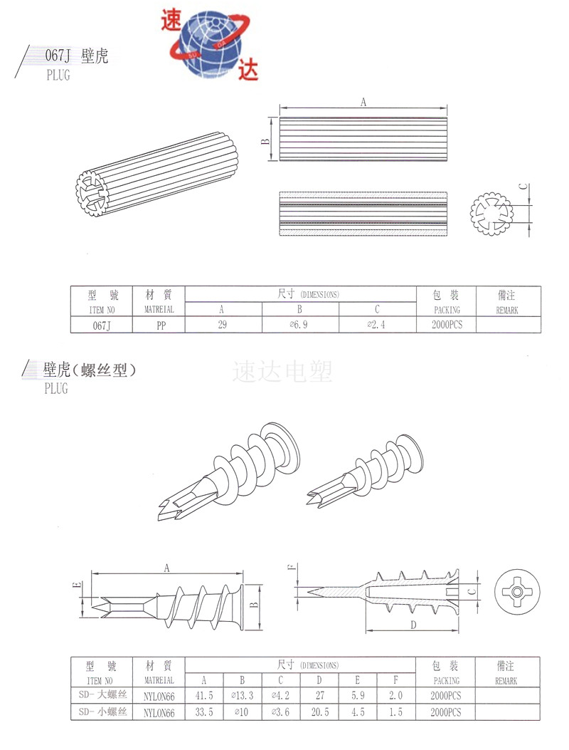 塑胶墙塞/壁虎尺寸图纸